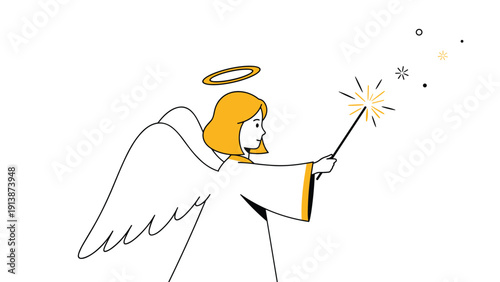 Angelic character design showing a peaceful angel with wings and a golden halo using a magic wand to create sparkling stars.
