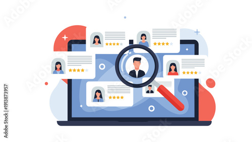 Recruitment process and candidate selection concept showing human resource management on a laptop screen with magnifying glass.