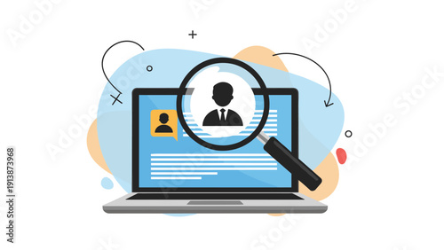 Candidate screening and talent search concept featuring a laptop screen with a profile icon being examined under a magnifying glass.