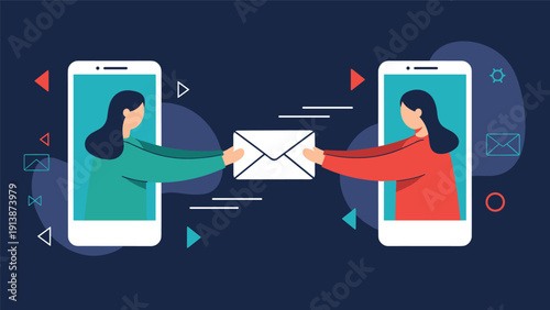 Digital communication and email marketing concept showing hands coming out of mobile phone screens to deliver a message envelope.
