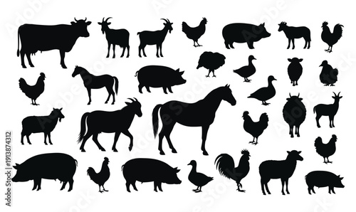 Farm Animal Silhouette Set – Cow, Horse, Chicken, Goat and Sheep Vector Collection