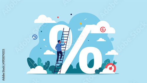 Determined man climbs a wooden ladder leaning against a giant percentage symbol to reach high goals in finance and interest rates.