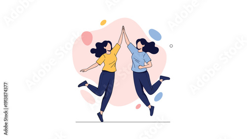 Two joyful women jump into the air and give each other a high five to celebrate a shared victory against a soft abstract background.