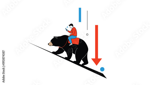 Man sits on a black bear walking down a slope as a red arrow points downward to indicate a falling financial market and recession.