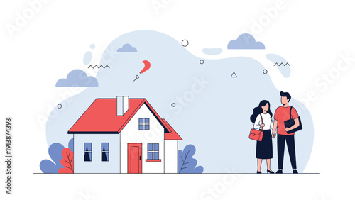 Happy couple stands together in front of a small white house with a red roof under a blue sky to mark their first home purchase.