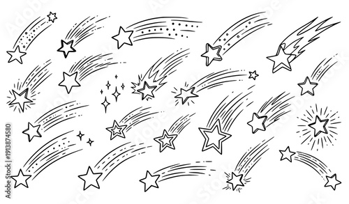 Hand drawn shooting star doodle collection with wish sparkle sky icons vector