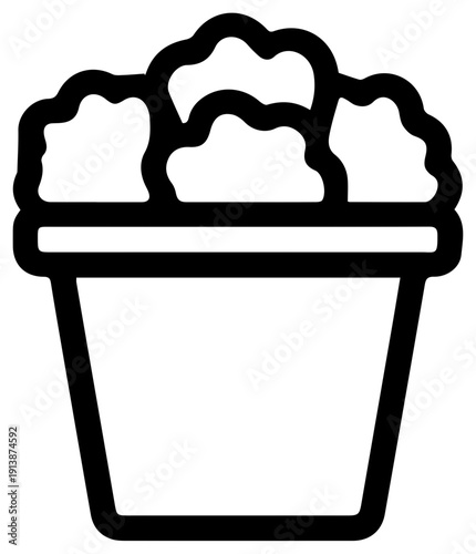 Minimalist black line icon of a bucket filled with fried chicken pieces on white background