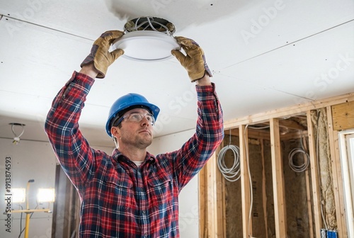 Electrician installing recessed ceiling light fixture in unfinished room. Concept of home improvement and renovation.