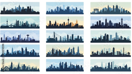 City skylines silhouetted against varying skies during various times of day from different viewpoints