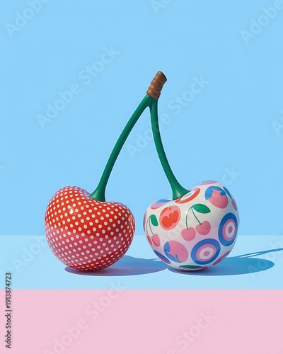 A colorful still life of two fabric fruits