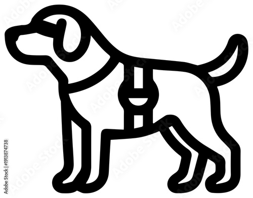 Minimalist black line icon of a guide dog wearing a harness simple design white background assistance animal symbol