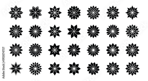 Abstract Floral Mandala Vector Icon Set With Geometric Flower Shapes And Decorative Circular Ornaments In Black Silhouette Style