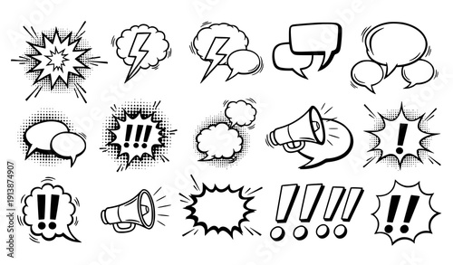 Hand drawn comic exclamation bubble icon collection with pop art speech symbols vector