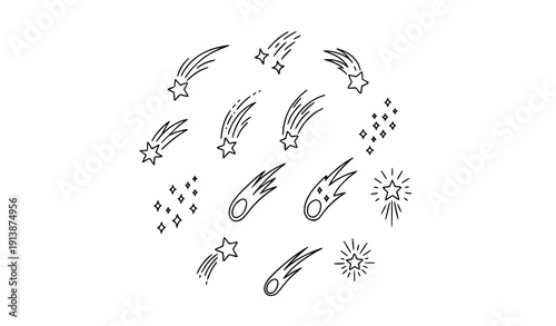 Outline falling star line clipart set with magical wish shooting star symbols vector illustration