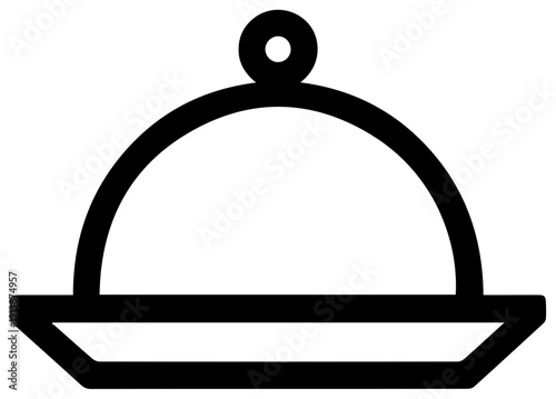 Minimalist black line serving tray icon with cloche cover simple design isolated on white background elegant presentation