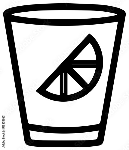Simple black line icon of a shot glass with a drink inside on a white background minimalist design symbolizing nightlife and beverages