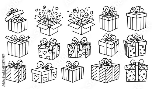 Present box doodle icon collection with hand drawn gift package symbols vector illustration