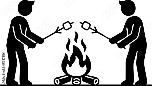 Outdoor Firepit Toasting Silhouette Two People Roasting Marshmallows over Campfire Minimalist Backyard Leisure Flat Vector Icon