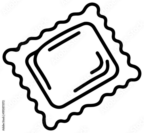 Minimalist black line icon of square ravioli on wavy background simple design culinary concept isolated on white pasta illustration