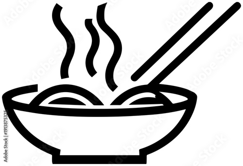 Simple black line icon of steaming hot ramen noodles in a bowl with chopsticks minimalist design isolated on white background