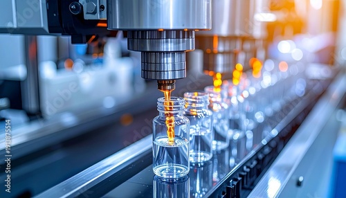 High-tech automated production line in pharmaceutical facility, amber glass vials aligned on conveyor, precision nozzles filling with bright orange liquid, clean metallic environment with structured l