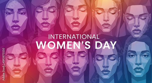 International women's day poster with diverse women faces in colorful illustration