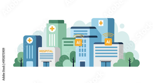 Hospital Buildings with Medical Cross Symbols and Trees.