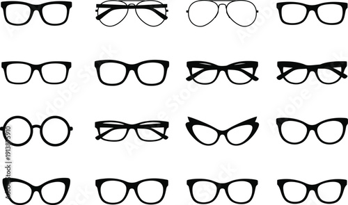 Collection of various eyeglasses and spectacles in different styles and shapes