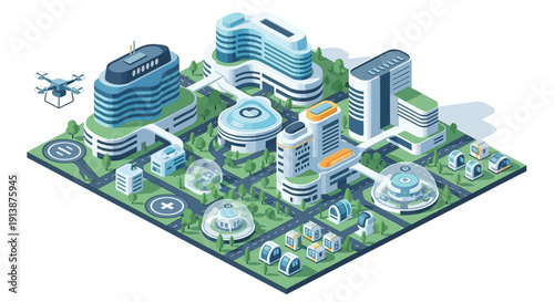 Futuristic cityscape with modern buildings and advanced technology.