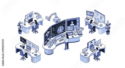 Isometric illustration of a modern office workspace with multiple computer stations and monitors.