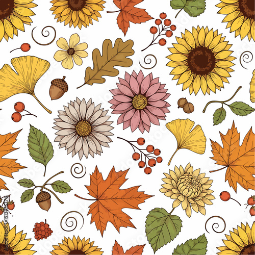 Beautiful autumn floral seamless pattern with sunflowers, leaves, acorns, and berries on white.