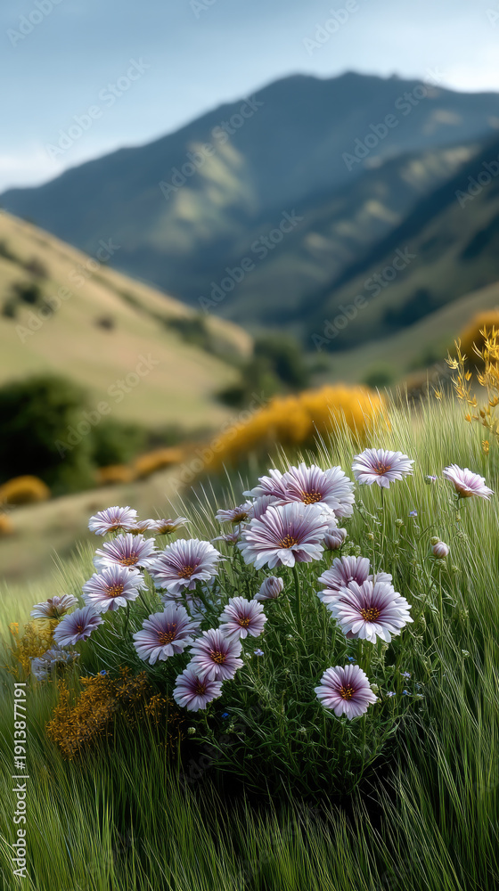 Obraz premium Wildflower field mountain landscape nature grass outdoor scenic summer bloom create peaceful wildflower field with mountain view and soft sunlight