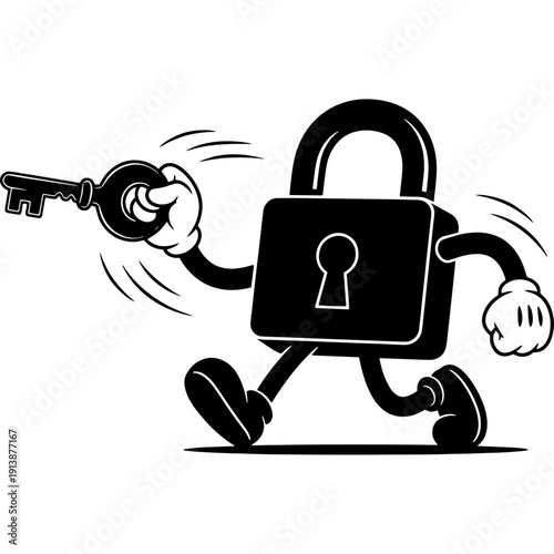 A whimsical lock character running away with a key in its hand and a small ball at its feet Vector