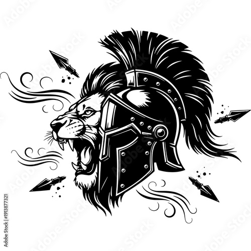 Ancient spartan warrior with lion helm in battle pose Vector