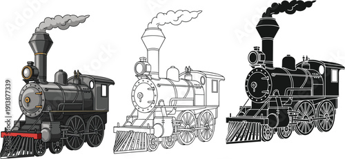 Vintage steam locomotive icons set with realistic outline and solid styles railway transport retro flat vector illustration