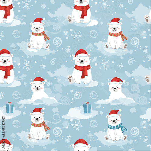 Adorable Christmas-themed seamless pattern featuring cute polar bears wearing festive hats and scarves