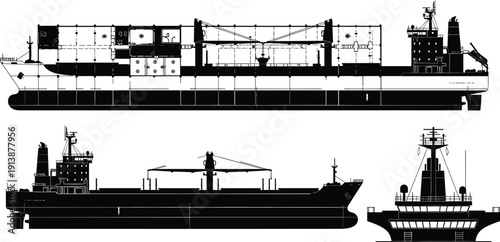 Technical cargo ship drawings with sectional side view, full profile, and front bow illustration for maritime engineering design