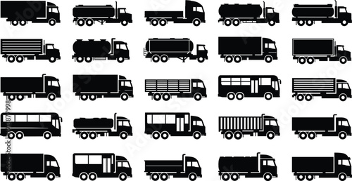 Truck and bus silhouette illustrations with cargo, tanker, flatbed, box, and passenger designs for transport and logistics themes