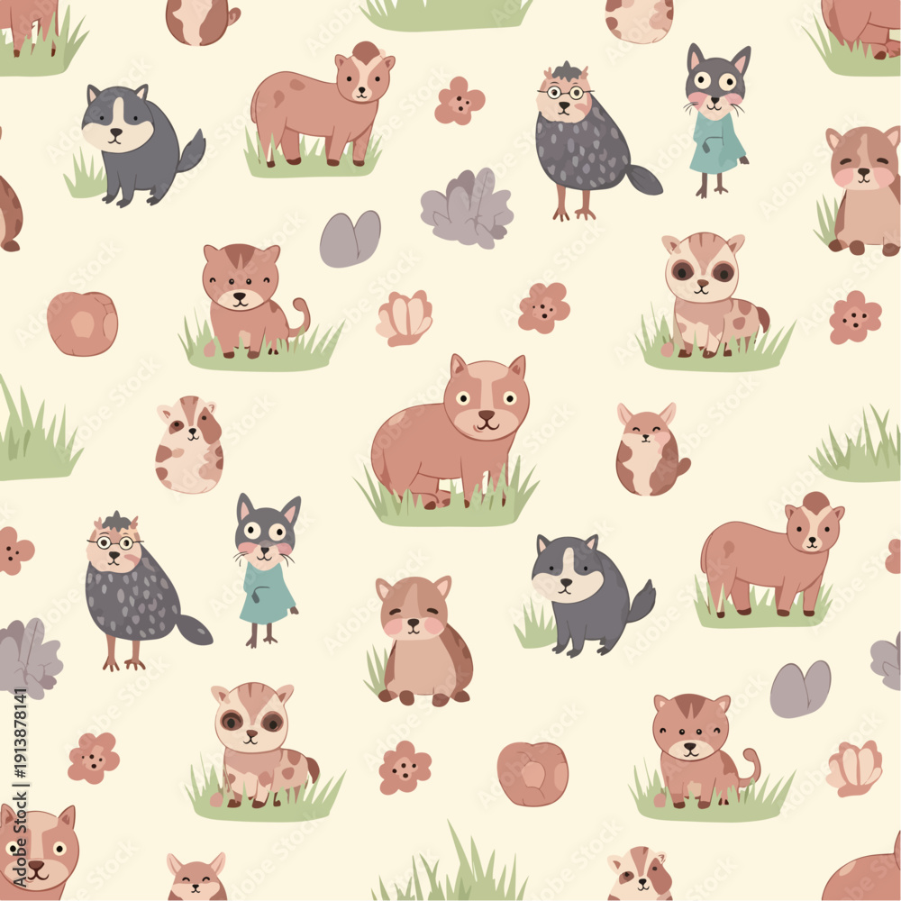Obraz premium Adorable cartoon animal seamless pattern featuring various cute creatures on a cream background