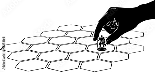 Tabletop Game Map Silhouette Hand Moving Miniature Figure on Hexagonal Grid Minimalist RPG Flat Vector Icon
