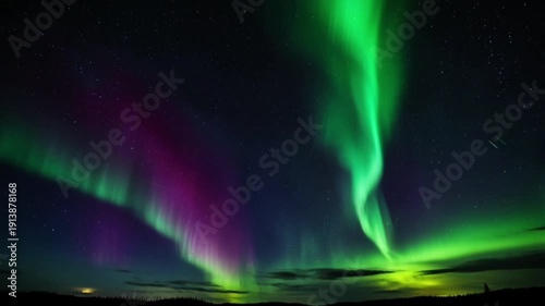 the spectacular Aurora Borealis (Northern Lights) phenomenon in a clear, star-filled night sky.
