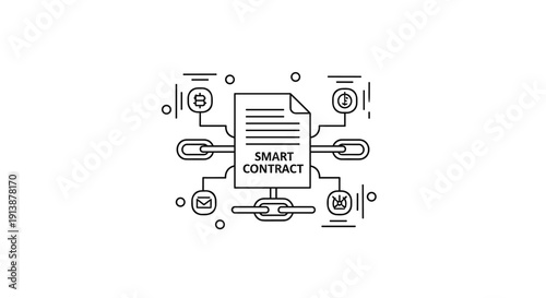 Smart contract document linked by chains to various icons representing cryptocurrency and digital services, Generative AI.
