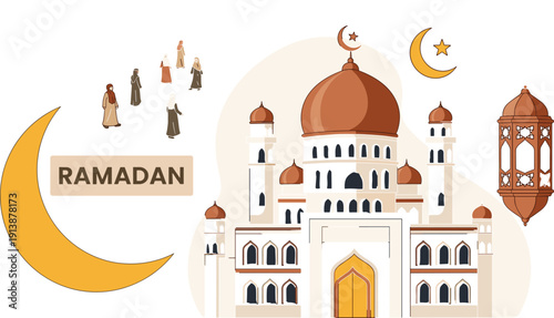 Ramadan illustration with mosque, crescent moon, lantern, people in modest attire, and festive cultural motifs in warm tones