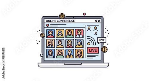 An open laptop displays an online video conference with many participants in grid view and a live stream indicator surrounded by floating dollar coins, Generative AI.