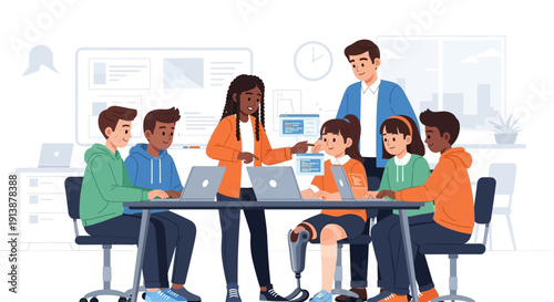 Diverse Group of Students Engaged in Collaborative Learning with Teacher Guidance in Modern Classroom Setting