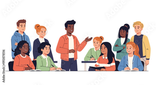 Diverse group of people engaged in a collaborative discussion around a table with one person presenting