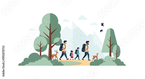 Family Hiking Peacefully Along a Forest Trail with Wildlife
