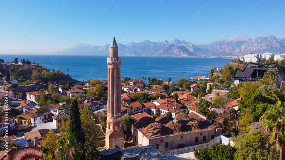 Fototapeta premium Aerial view of Antalya Kaleici, Ottoman Houses at Yivli Minare and Old Antalya Marina
