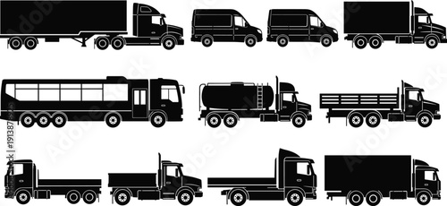 Silhouettes of commercial vehicles including trucks, vans, buses, tankers, and flatbeds for transport and logistics design themes
