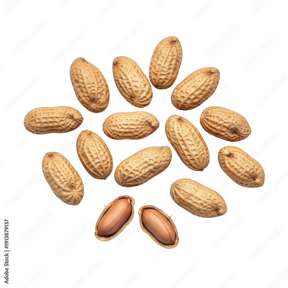 Obraz premium Brown peanuts with shells and two opened shells revealing the nuts inside isolated on a transparent background